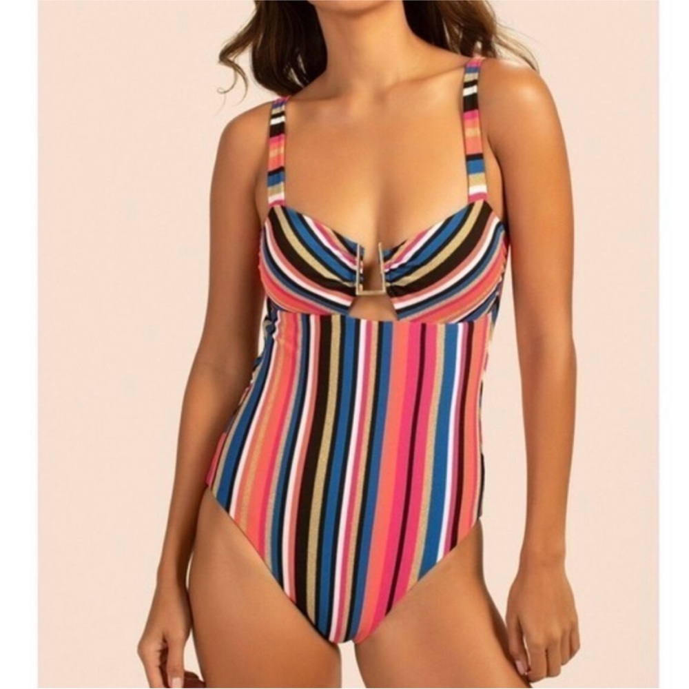 Trina Turk 10 M Striped Lux Pique One Piece Swimsuit Glitter Bandeau Cut Out